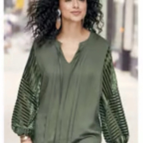 Soft Surroundings | Dark Green Balloon Sleeve Blouse with Velvet Stripe Sleeves - Picture 1 of 8